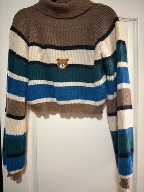 Striped Turtleneck Cropped Sweater in Brown, Cream & Blue with Bear Patch